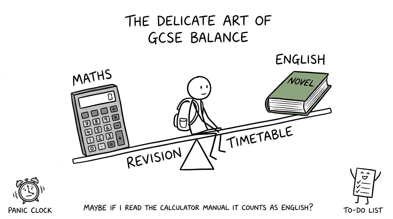 A student balancing a novel and calculator on a revision timetable