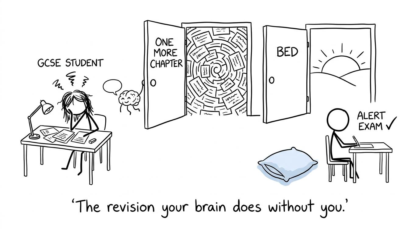 A student choosing between endless revision and restorative sleep