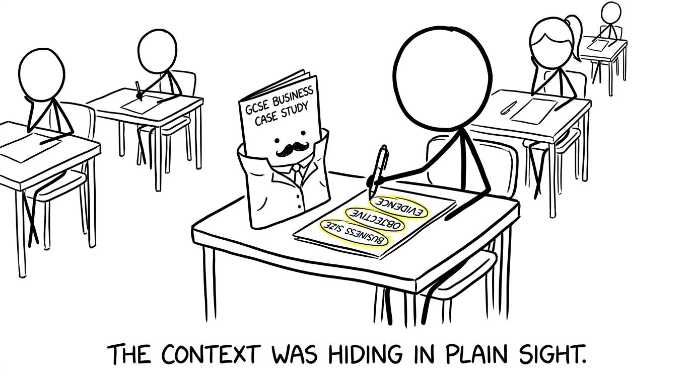 A GCSE Business case study disguised as a suspect while the student calmly finds contextual clues