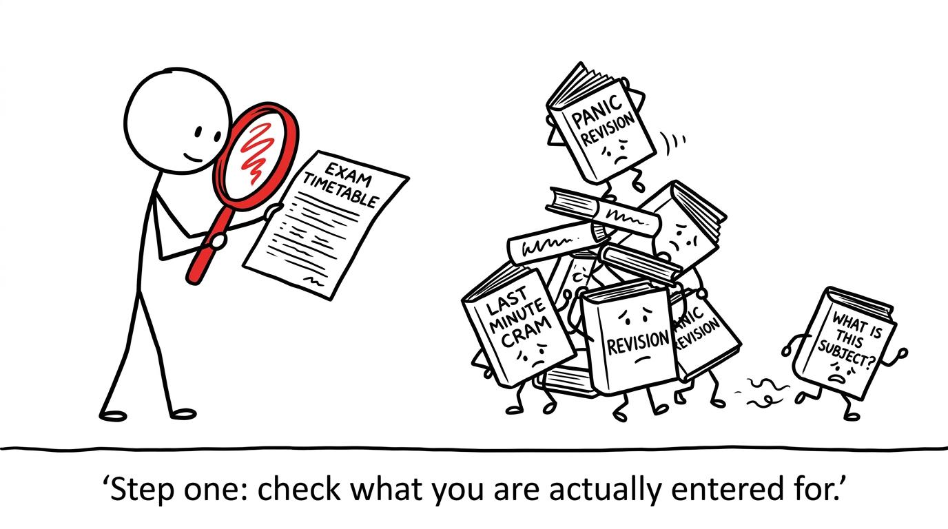 A student carefully checking the qualification on an exam timetable