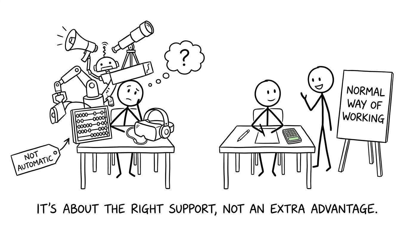 One student requests random gadgets while another calmly uses the support that reflects their normal way of working