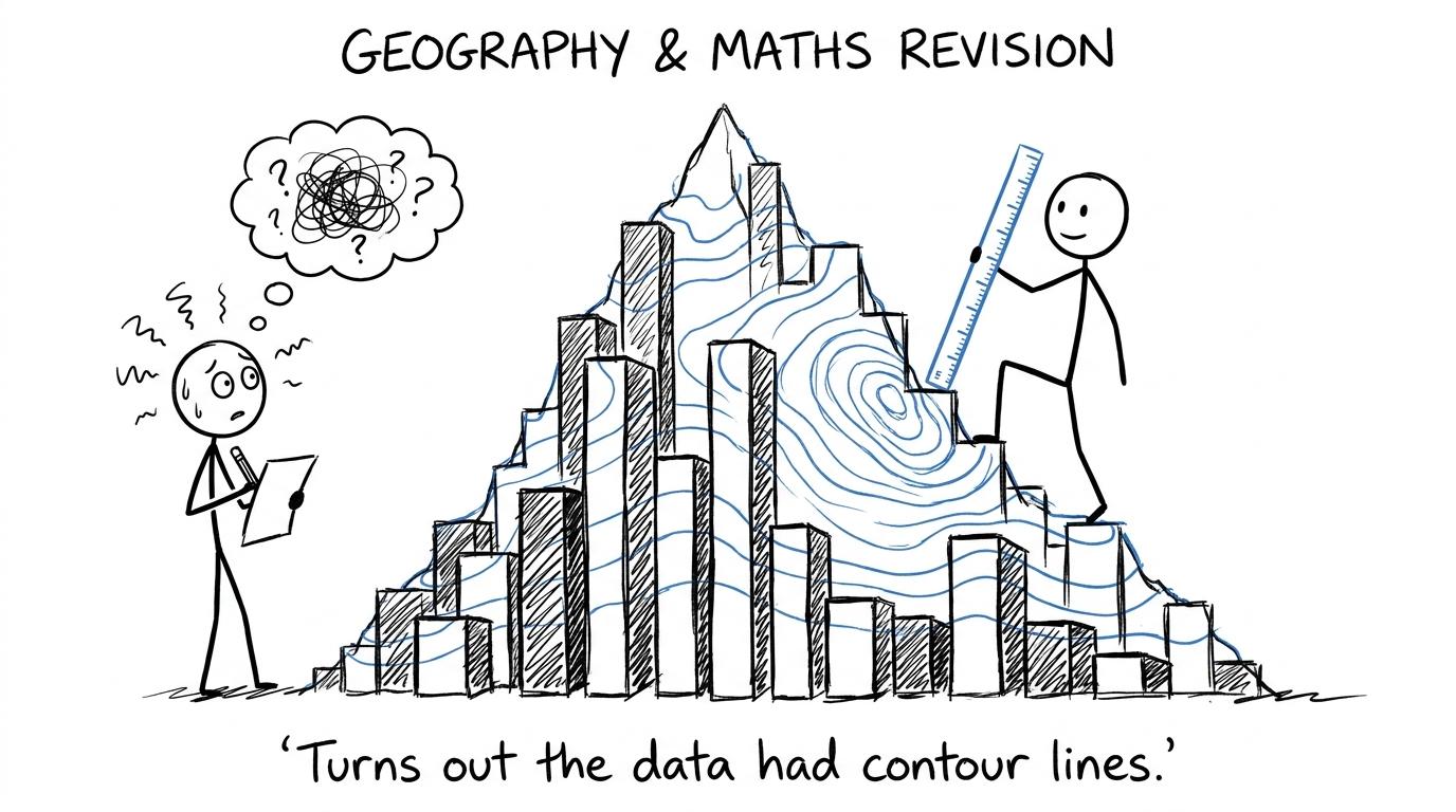 A student prepares to climb a mountain made entirely from charts