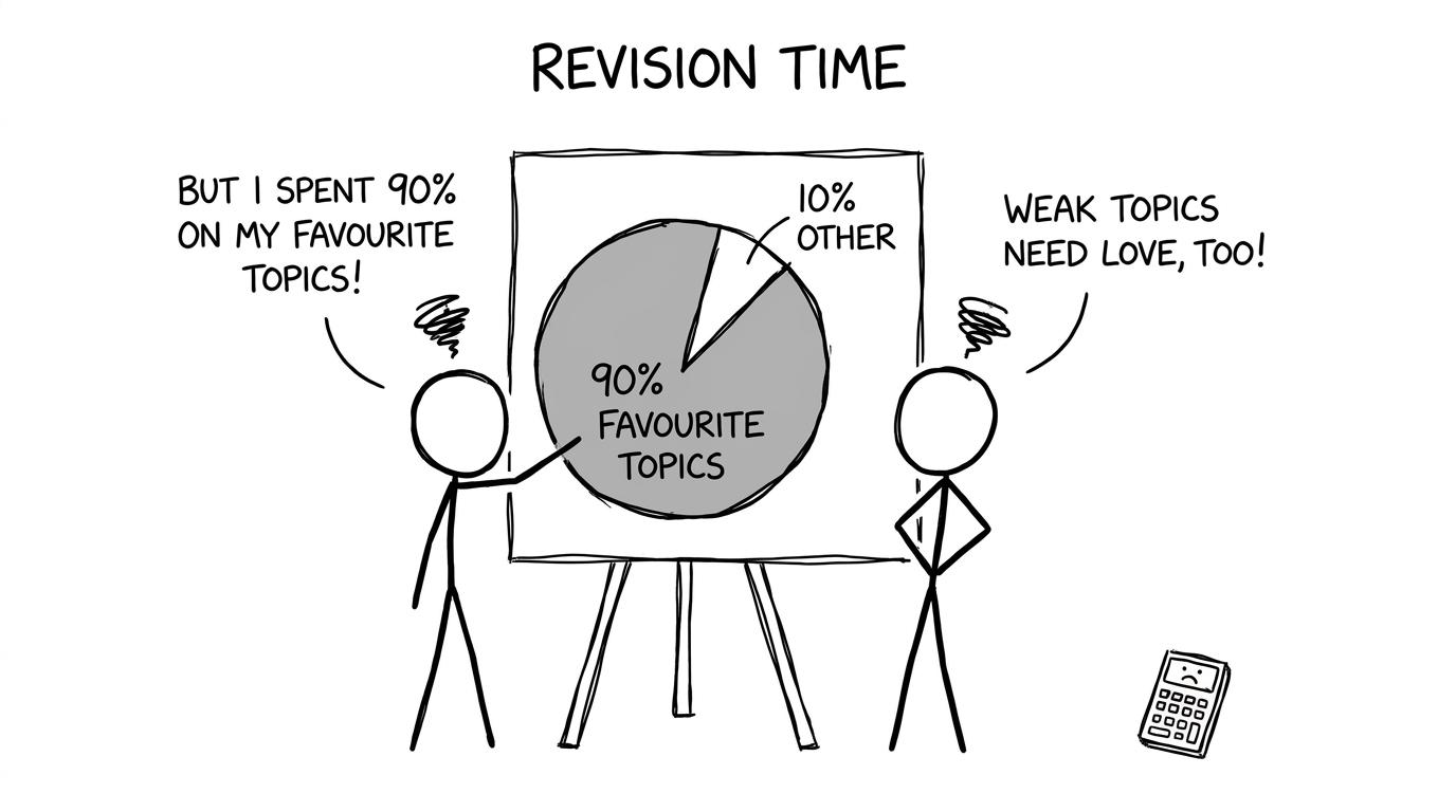 Two stick figures arguing over revision time pie chart