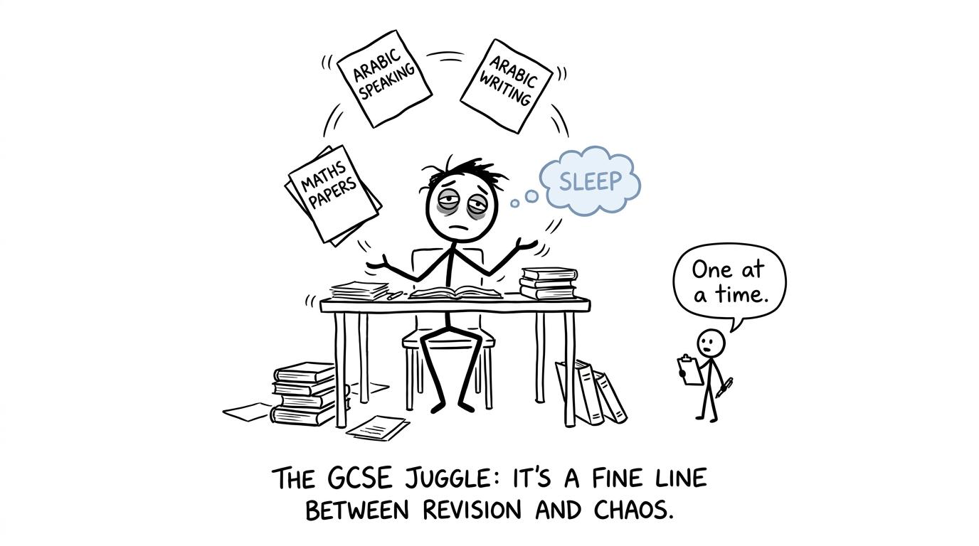 A student juggling Arabic, maths and sleep while a revision planner calmly says one at a time