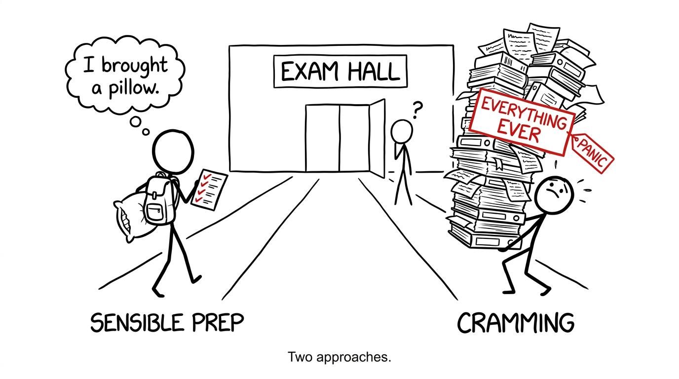 One calm student and one student pushing an impossible tower of revision notes
