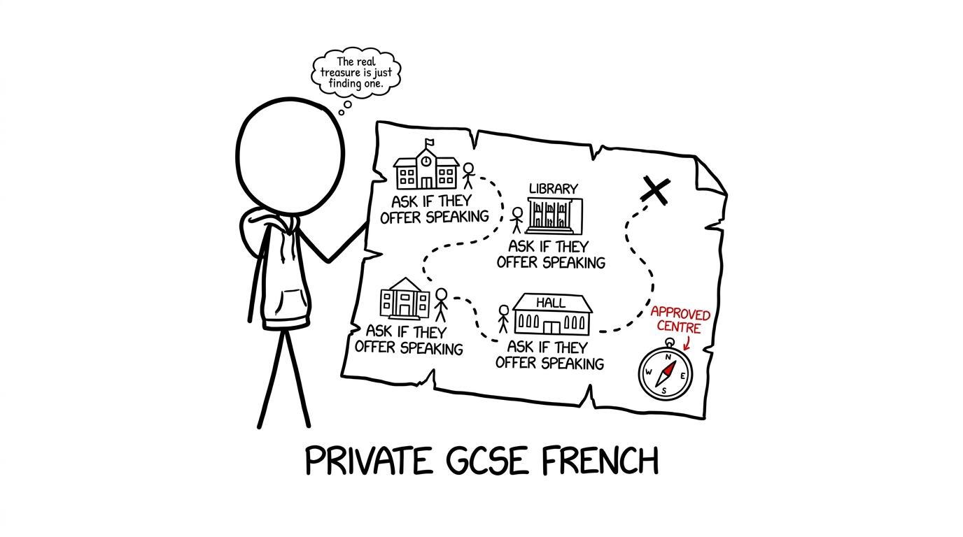 A student follows a treasure map while searching for a centre offering the French speaking assessment