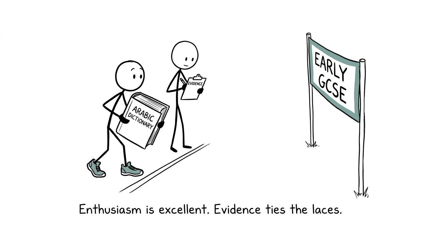 A keen student at an early GCSE starting line while a teacher checks the evidence