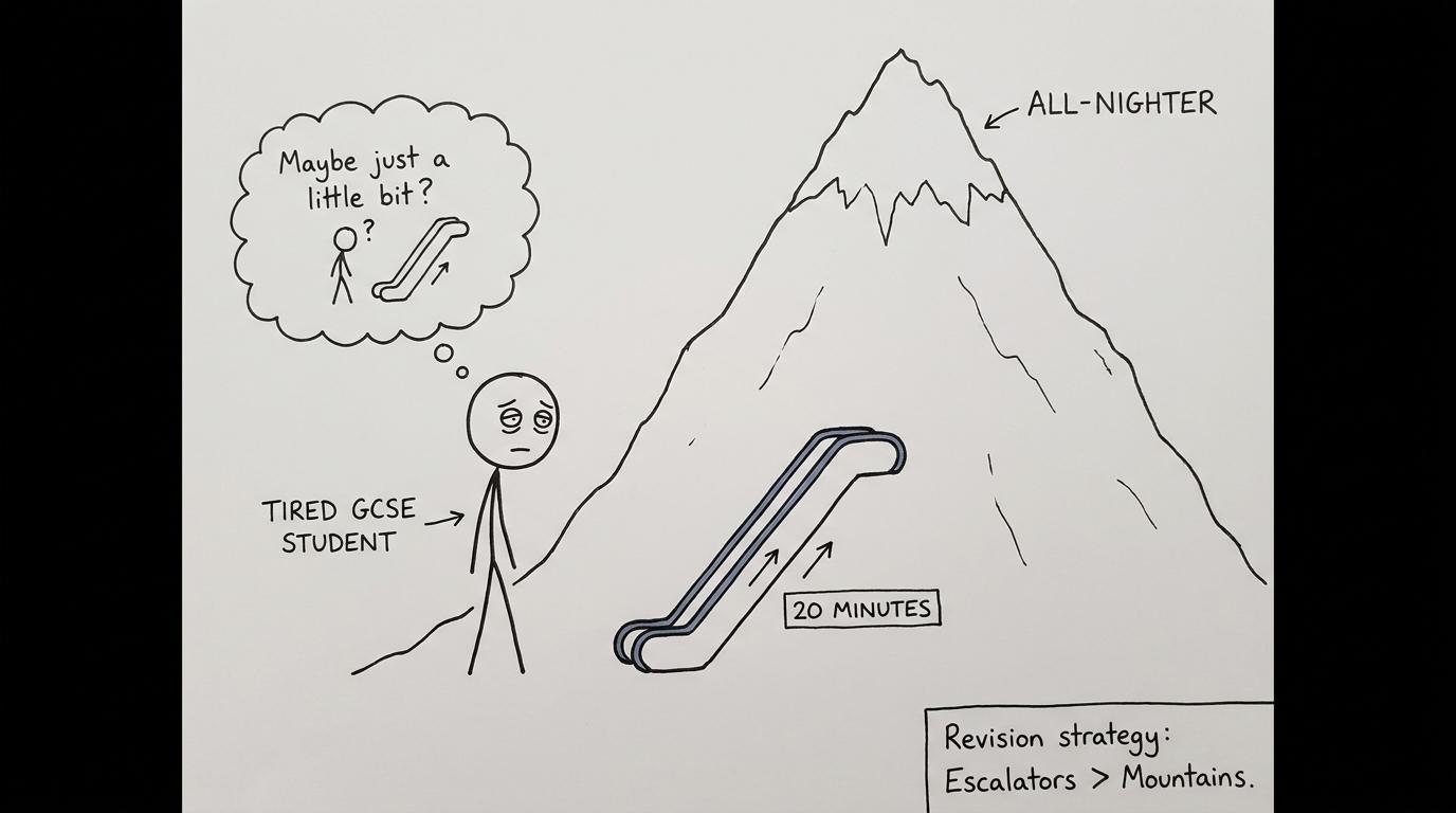 A student choosing a small daily revision escalator instead of climbing the all-nighter mountain