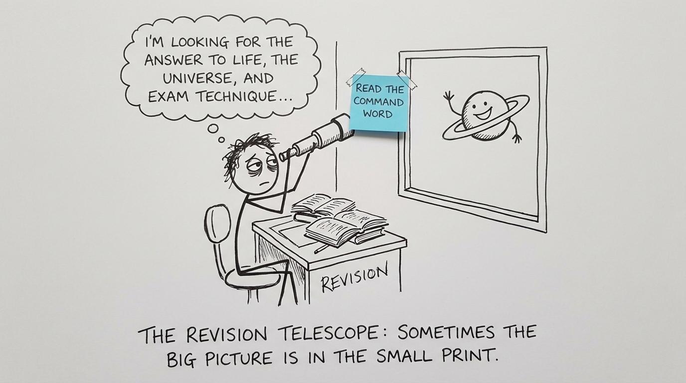 A student uses a telescope to inspect a revision reminder while a planet waves outside