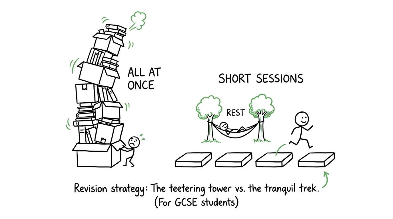 A sustainable revision plan crosses stepping stones while an all-at-once plan wobbles nearby
