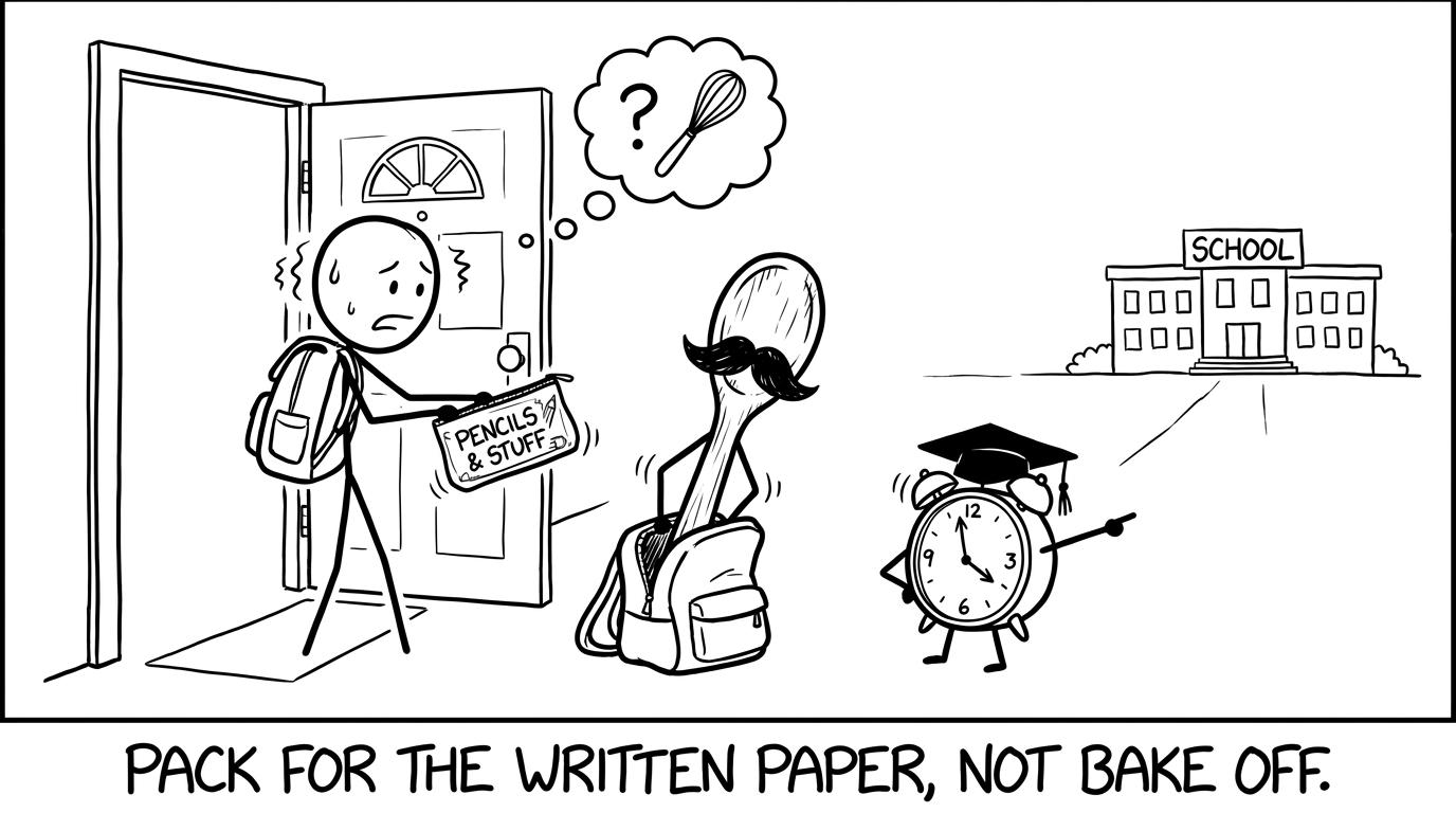 A giant wooden spoon attempts to sneak into a written examination bag