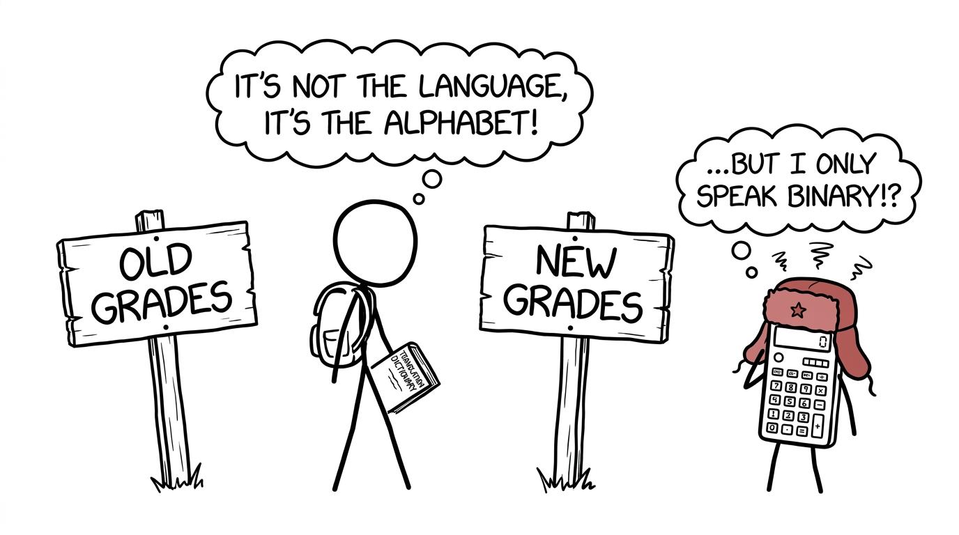 A student and calculator attempt to translate between old and new GCSE grades