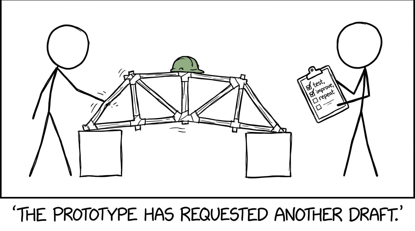 A tiny prototype bridge politely requesting another design draft