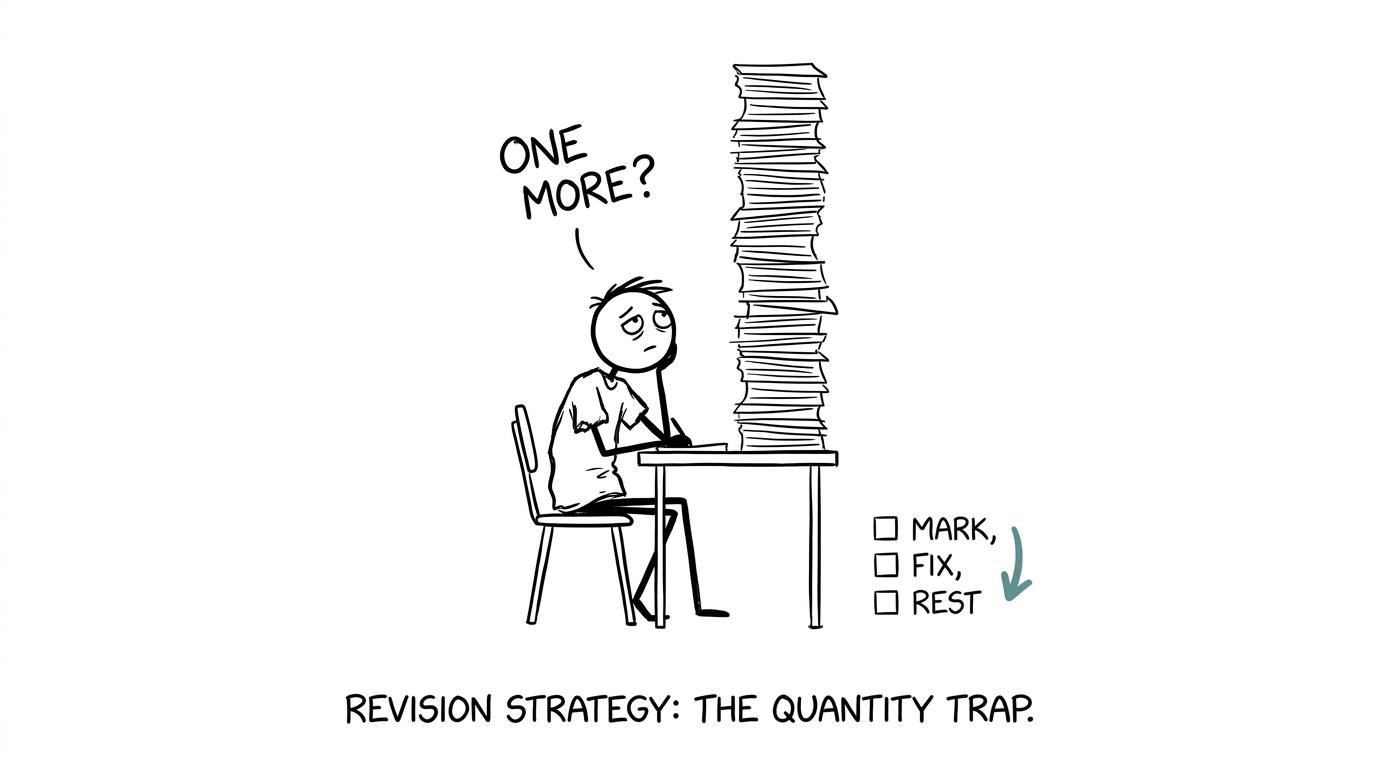 A student chooses marking and rest over an endless stack of papers
