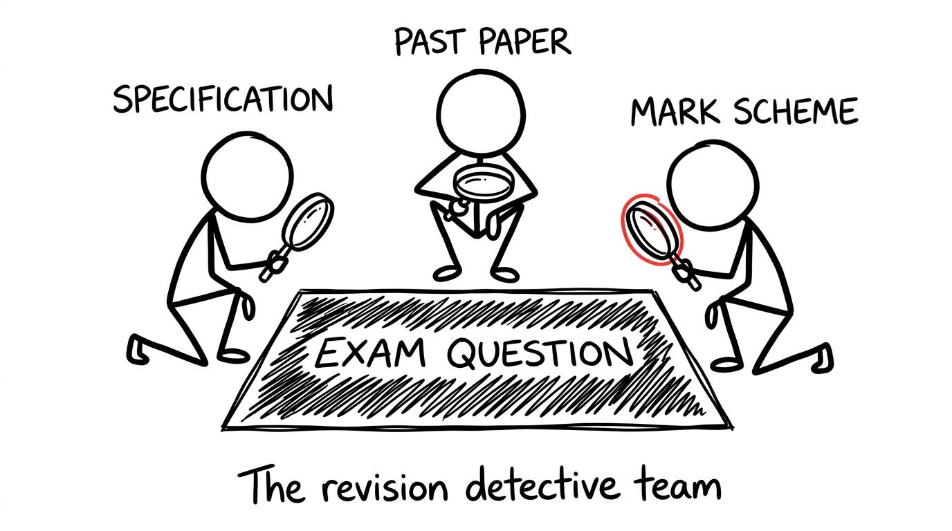 A specification, past paper and mark scheme form the revision detective team