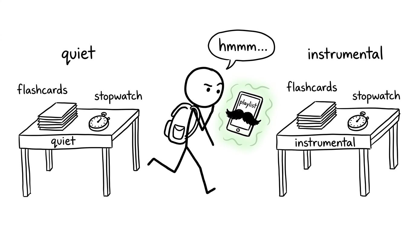 A student testing quiet and instrumental revision while a playlist wears a disguise