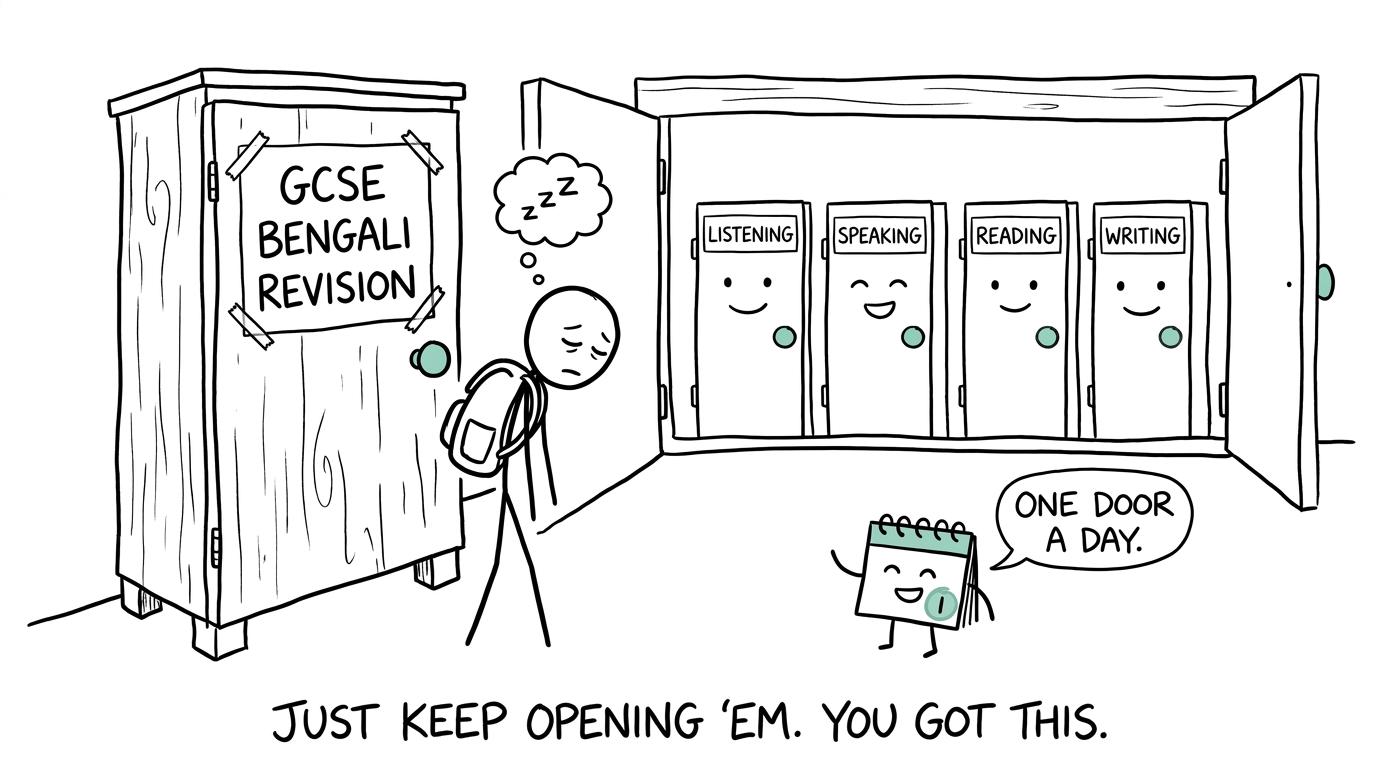 A student discovers four friendly revision doors for listening, speaking, reading and writing