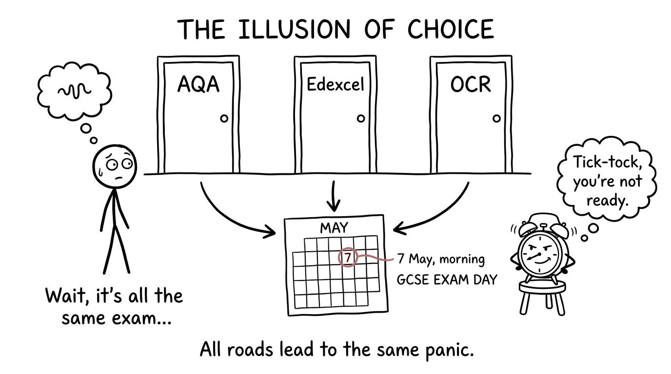 A student discovers that the three exam-board doors lead to the same calendar date