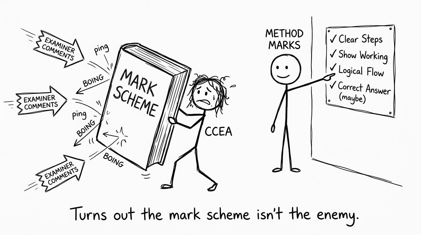 A CCEA student using a mark scheme as a shield