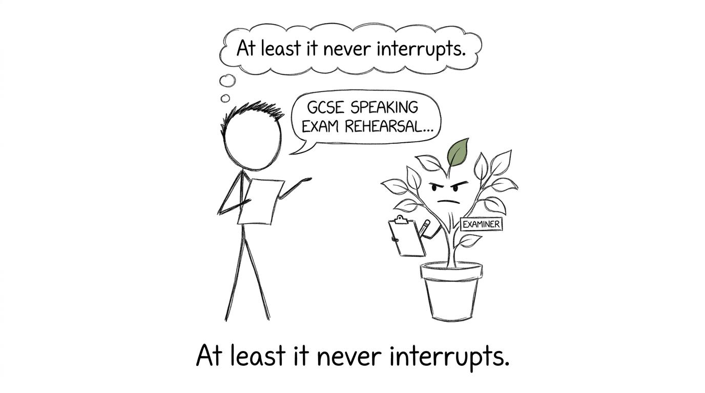 A student conducts a serious speaking rehearsal with a houseplant examiner