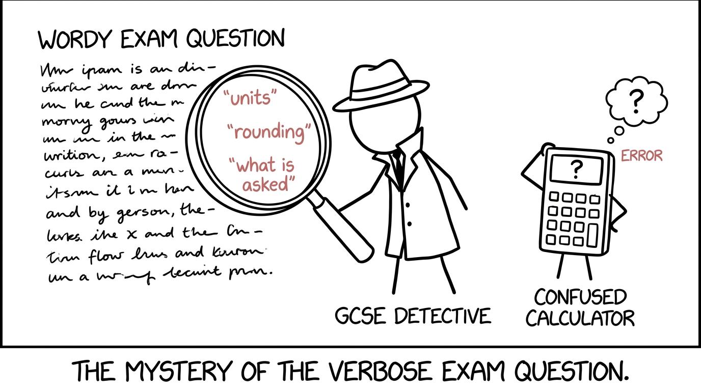 A student detective searches a wordy question for clues labelled units, rounding and what is asked