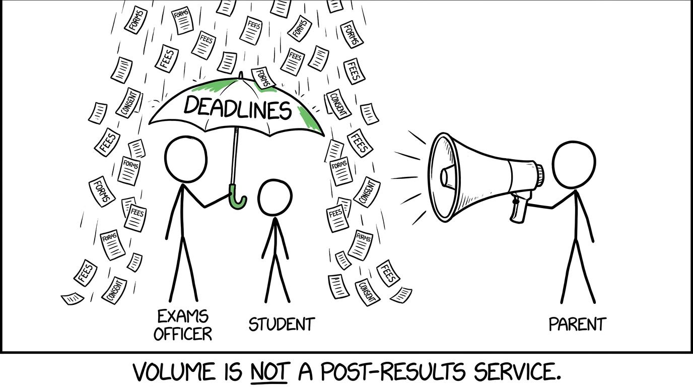 An exams officer protecting a student from deadlines, forms and consent paperwork