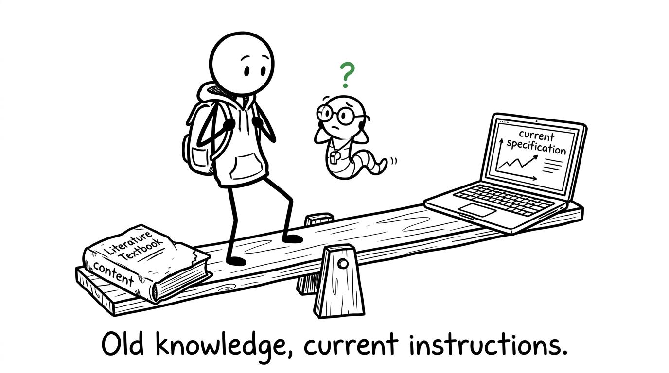 An old textbook and current specification balance on a revision seesaw
