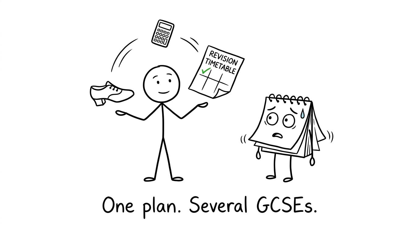 A student calmly balances dance shoes, a calculator and one revision plan