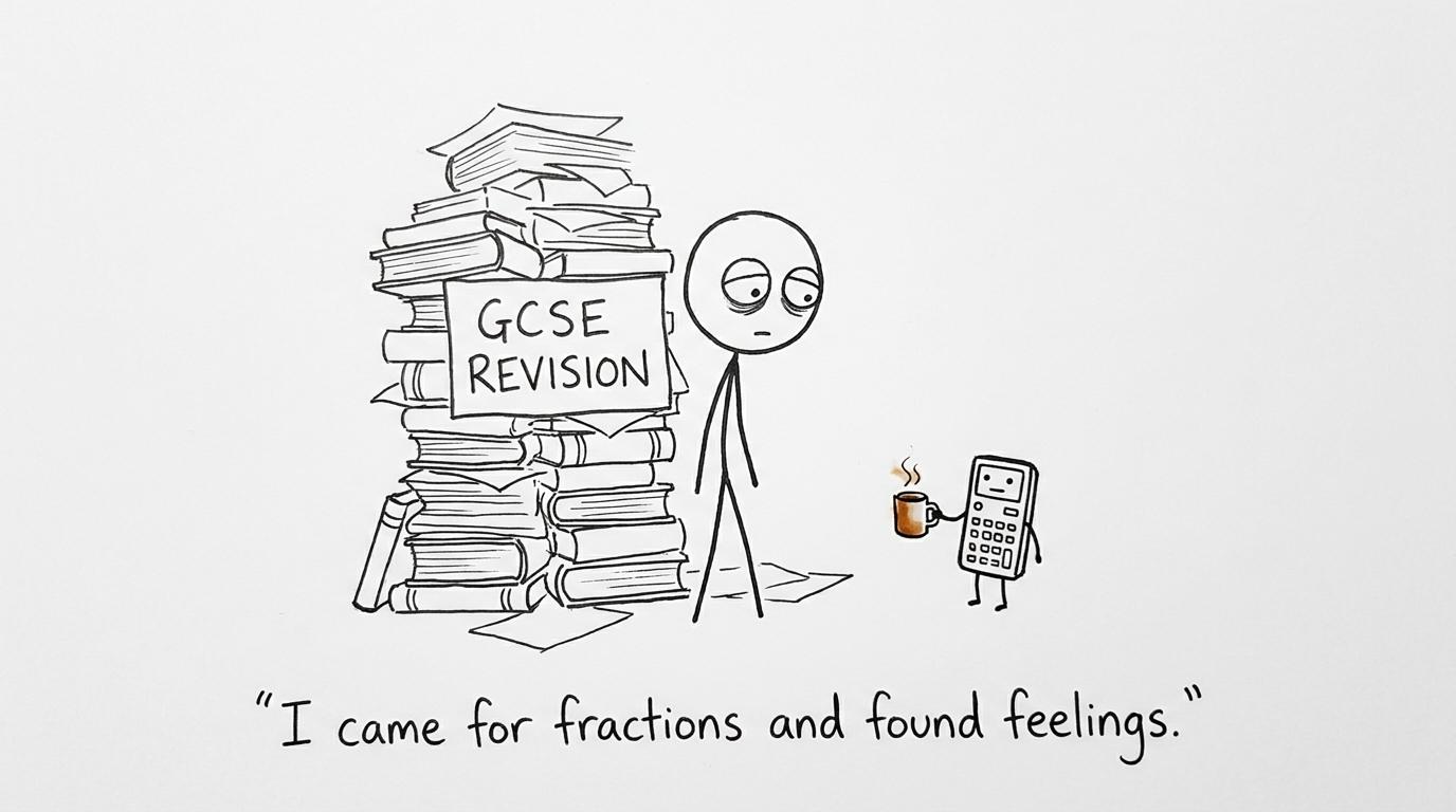 Student vs towering pile of revision