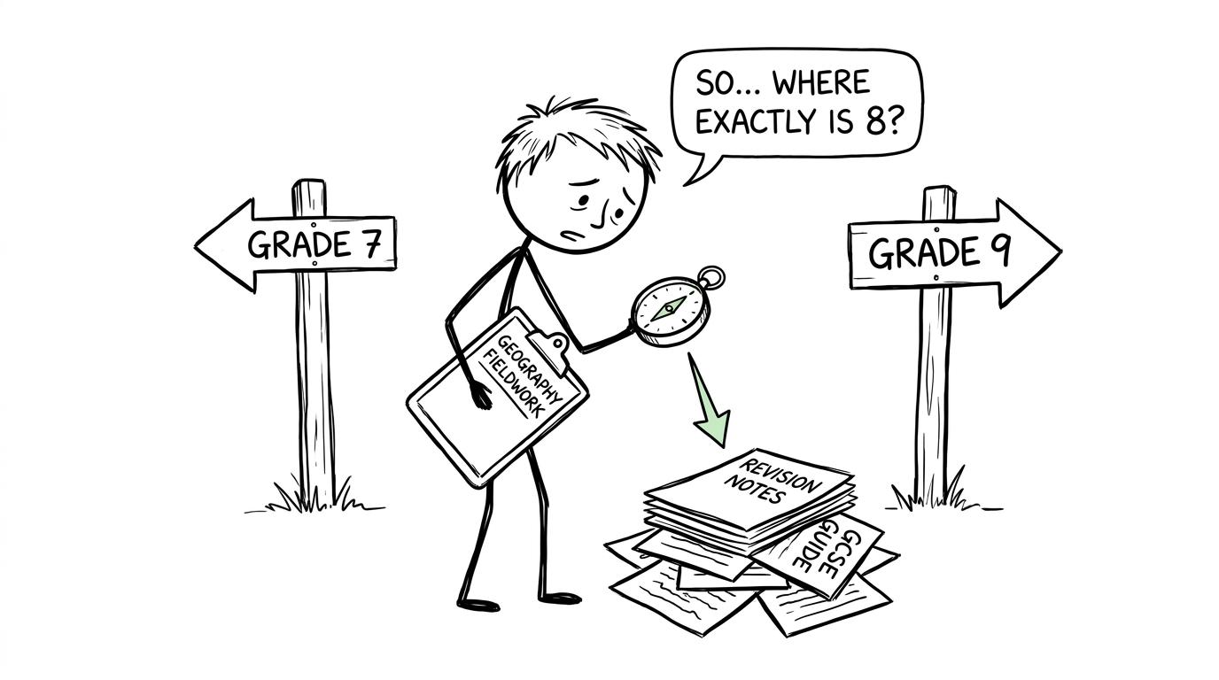 A student asks a compass where Grade 8 is between Grades 7 and 9