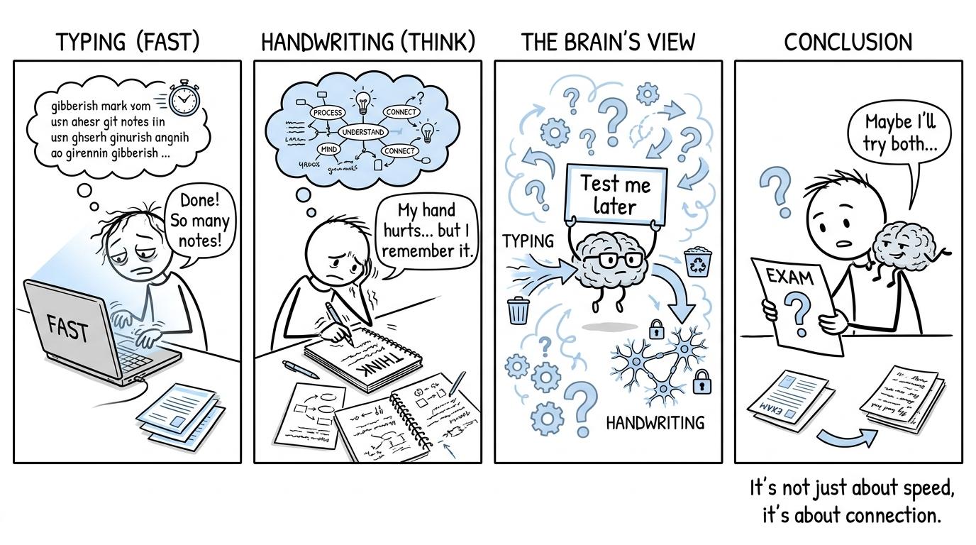 A student choosing between a fast laptop and a thoughtful notebook while their brain asks to be tested later