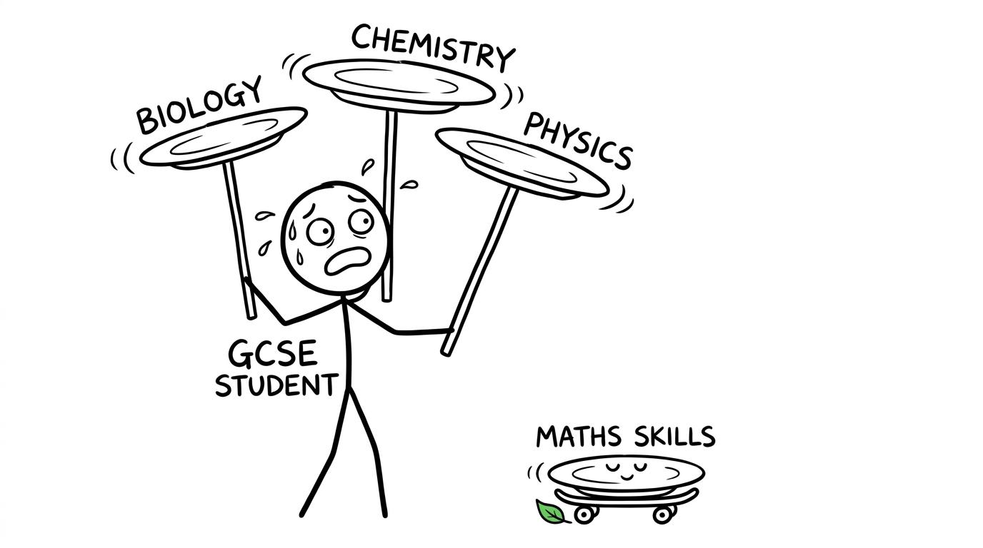 A student balancing biology, chemistry, physics and maths skills