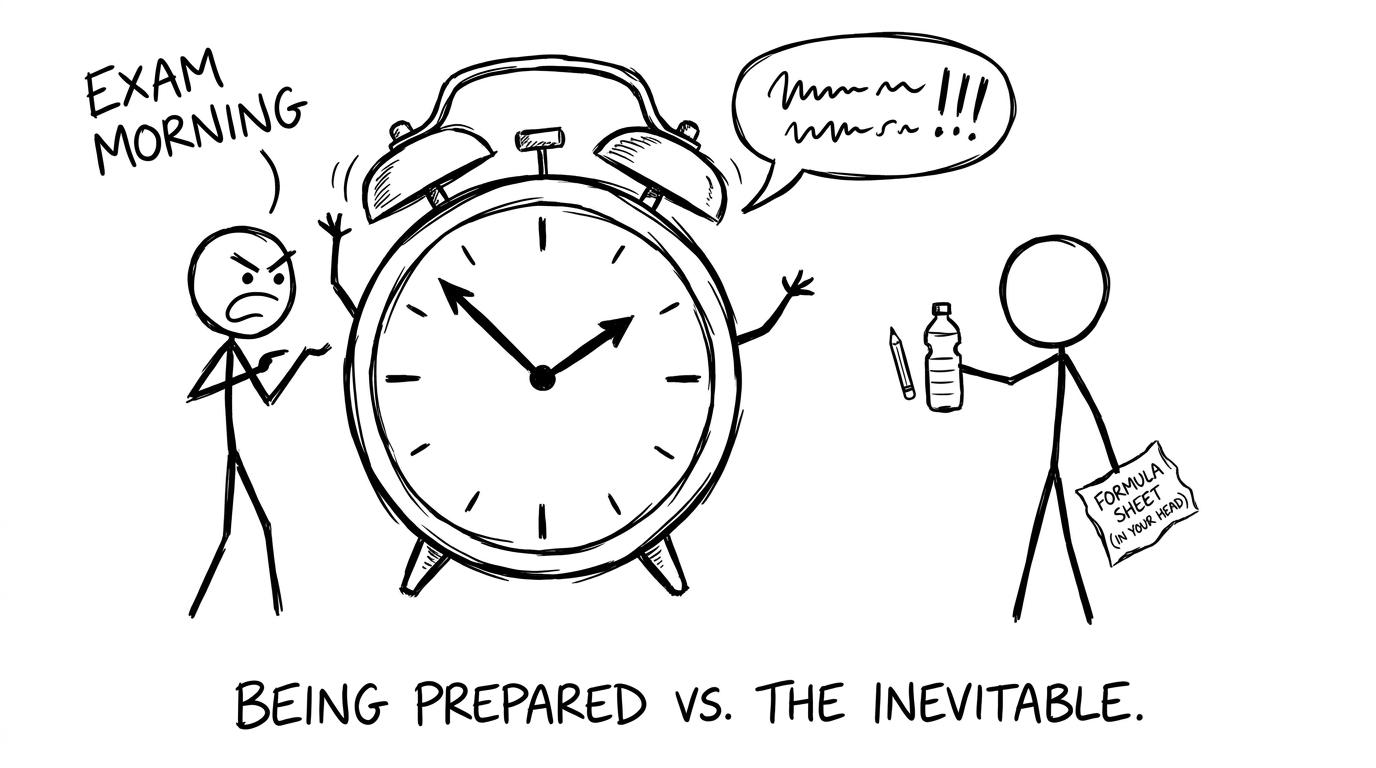 Stick figures arguing with an alarm clock while packing essentials