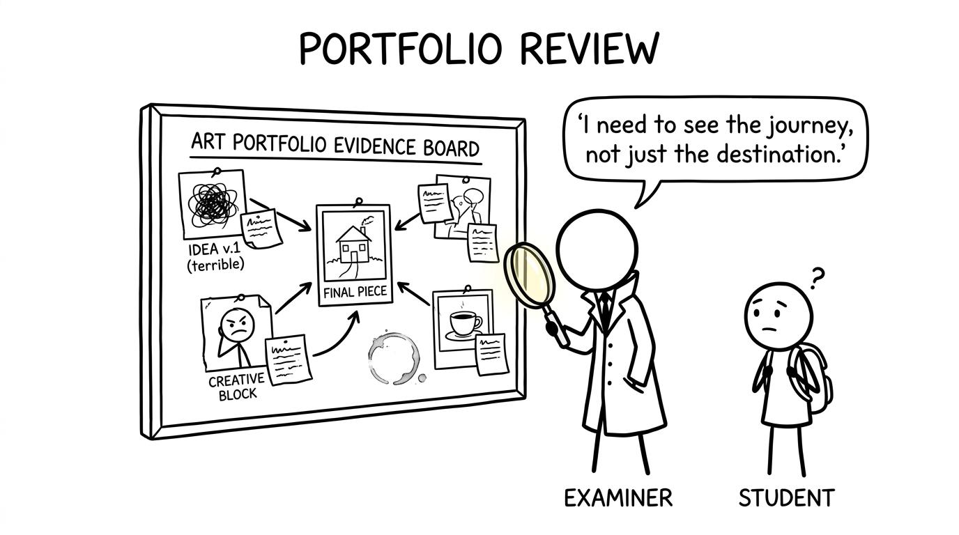 An examiner investigates an art portfolio like a detective searching for the creative journey
