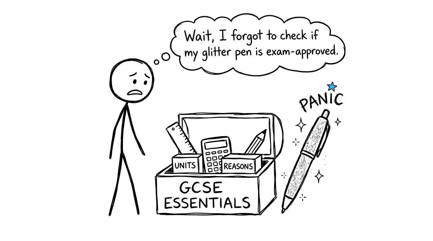 A revision toolbox contains useful exam habits while panic sits unused