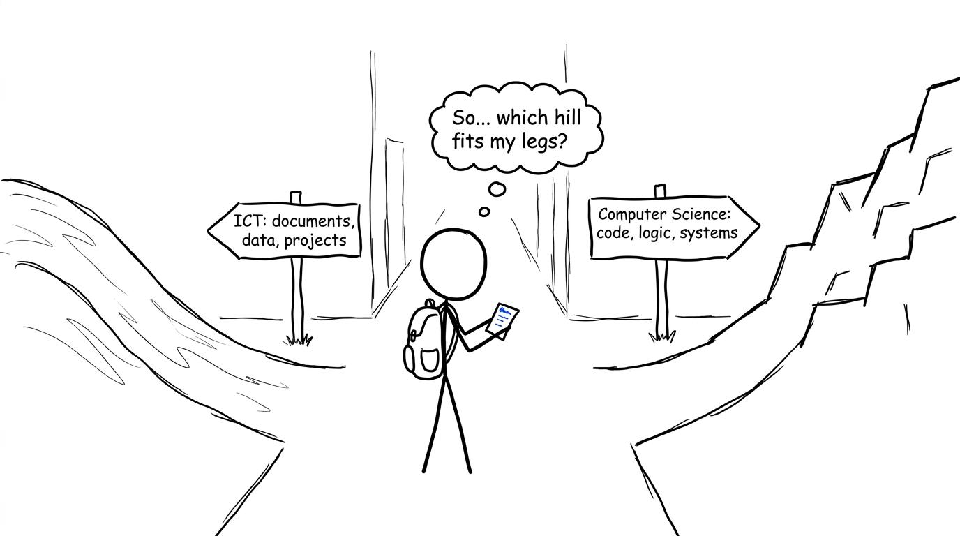 A student choosing between the different hills of ICT and Computer Science