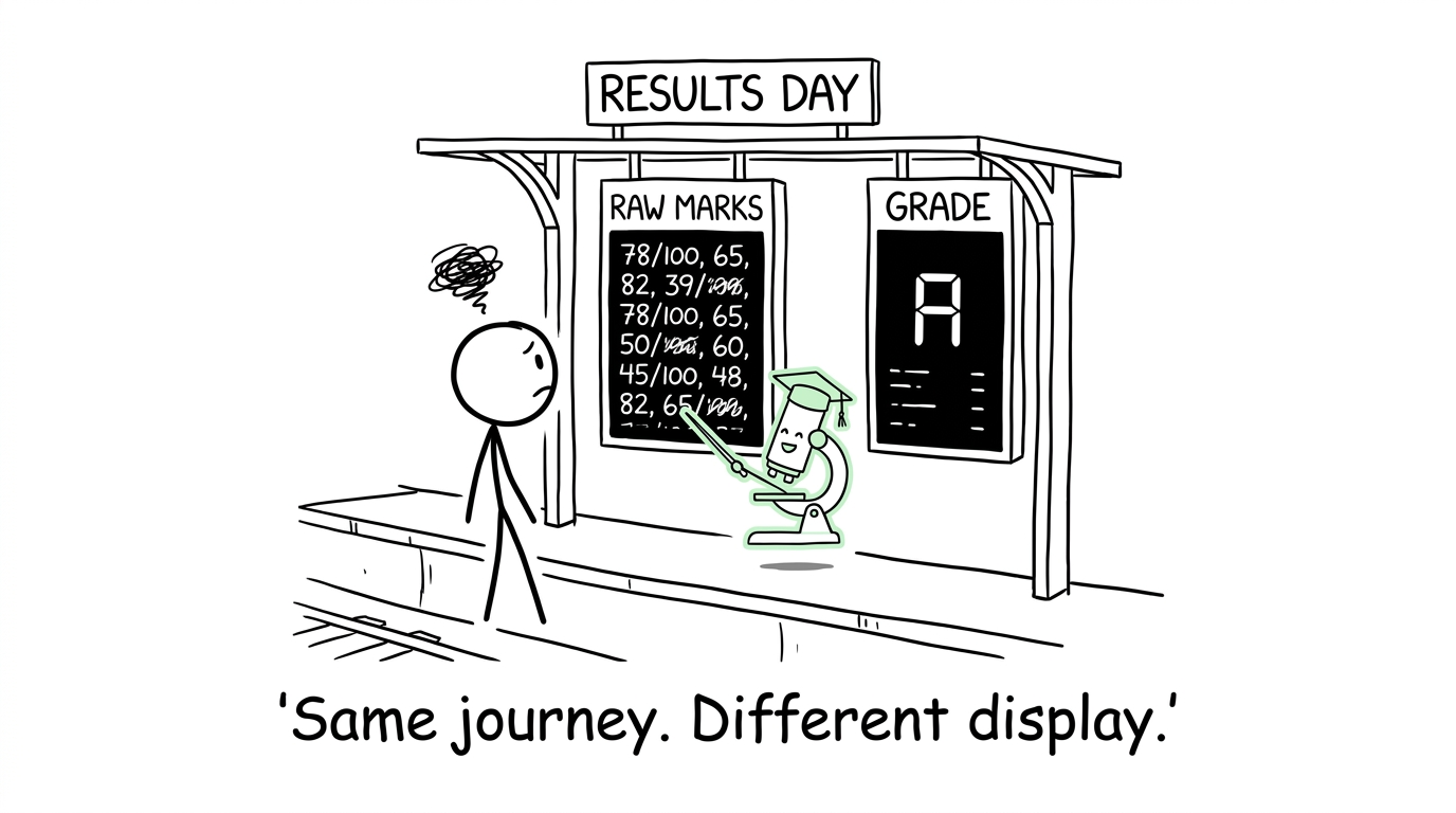A student comparing raw marks with a final grade on results day