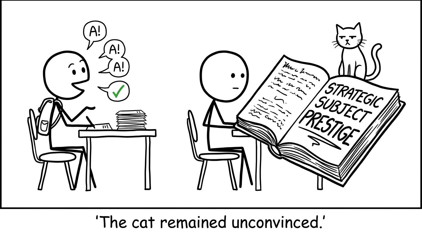 Two revision strategies compete while a cat judges subject prestige