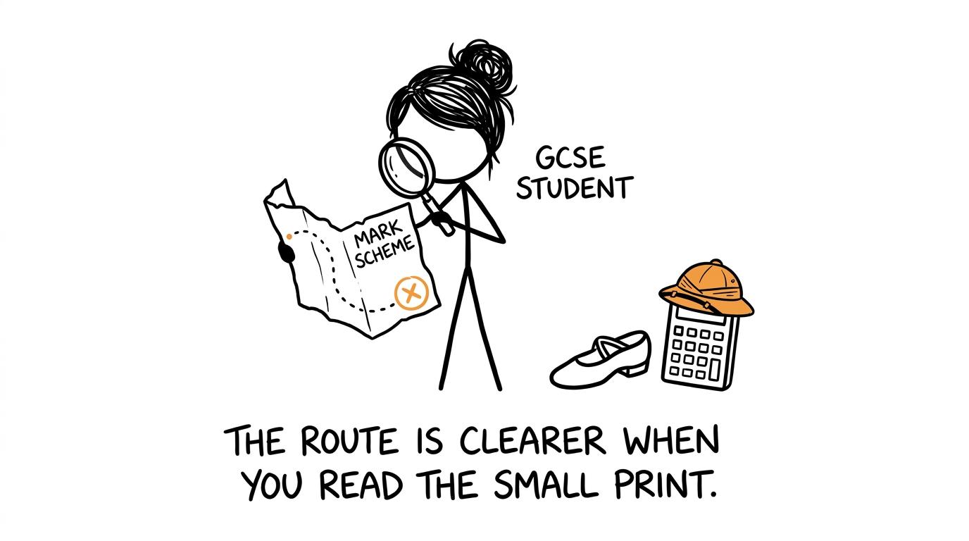 A student using the small print as a treasure map beside a dance shoe and calculator