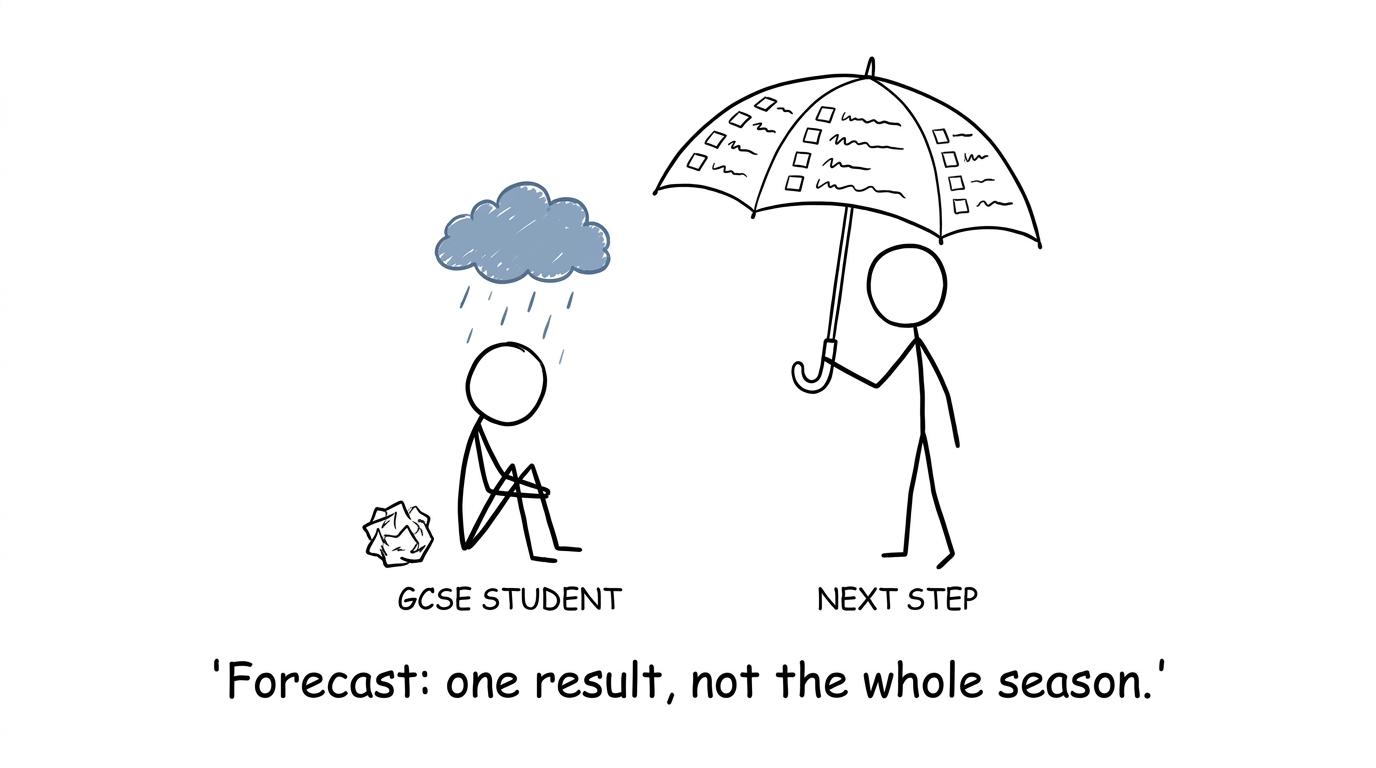 A student shelters from one disappointing result beneath a checklist umbrella