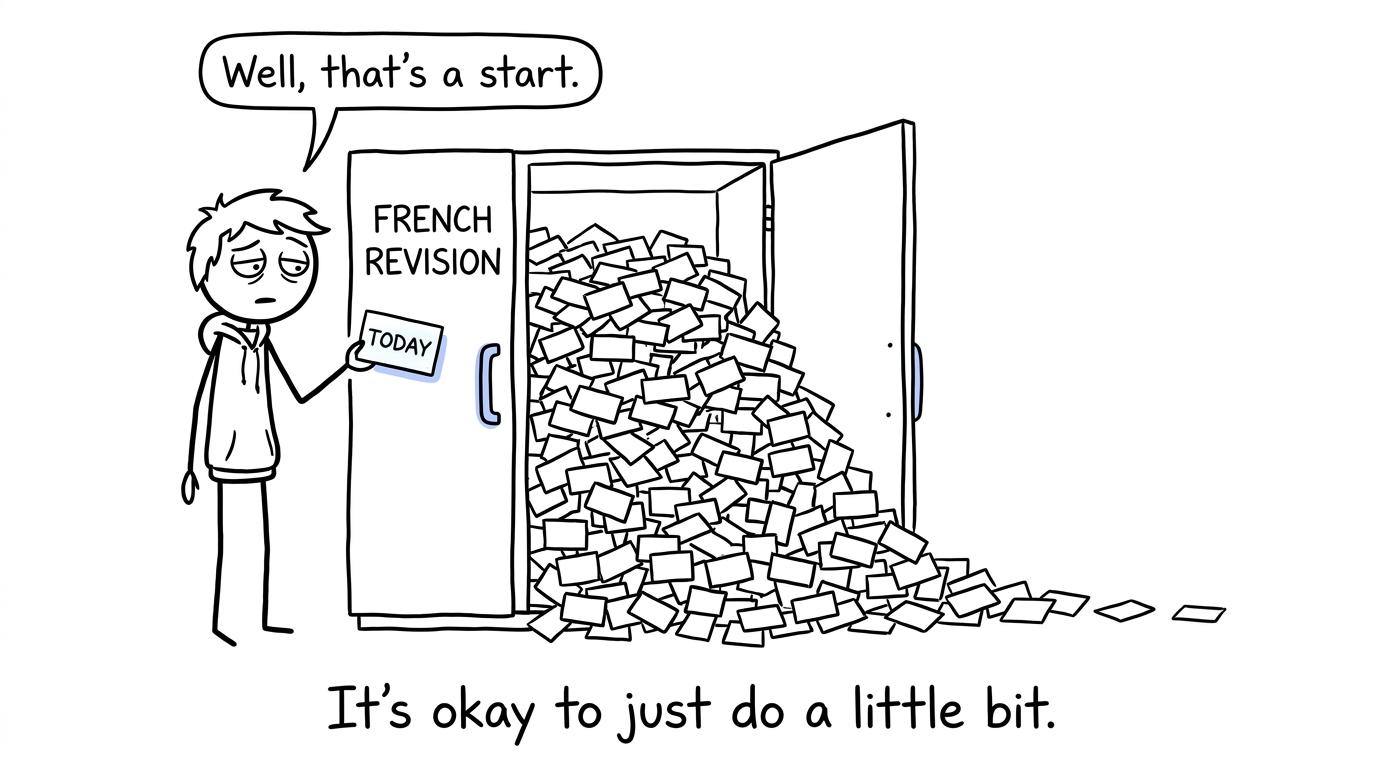 A student calmly choosing one vocabulary card as revision cards avalanche from a cupboard