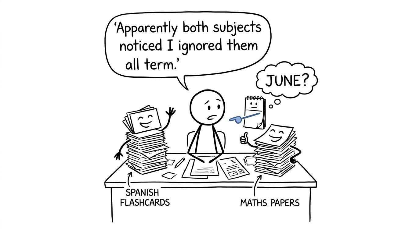 Spanish flashcards and maths papers remind a student that both subjects noticed being ignored