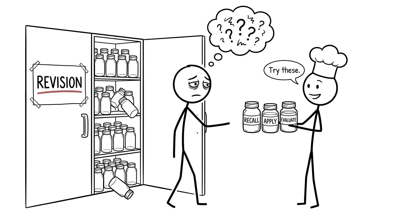 A student finds recall, apply and evaluate among the revision ingredients