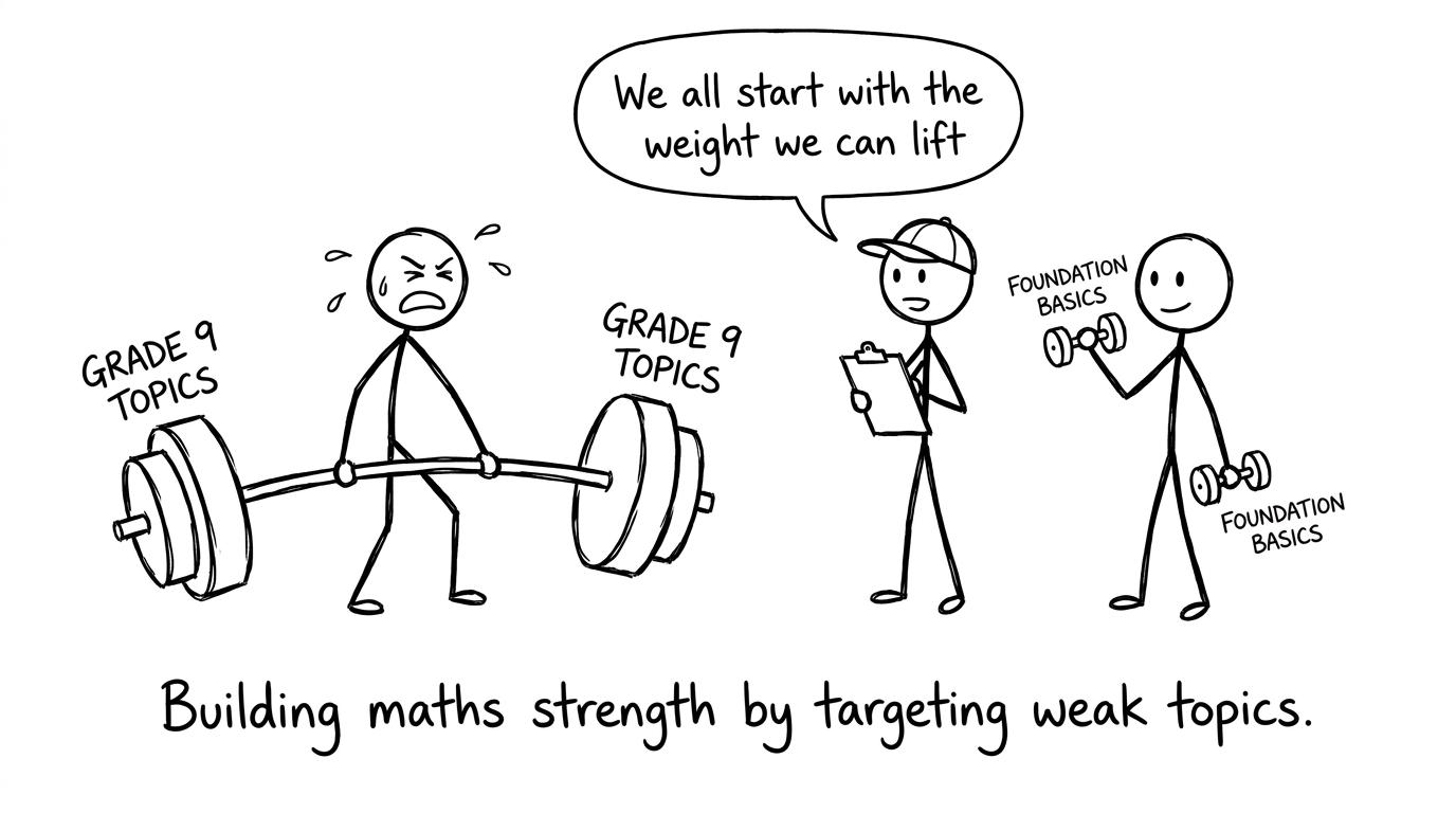Two stick figures training weak-topic “muscles”