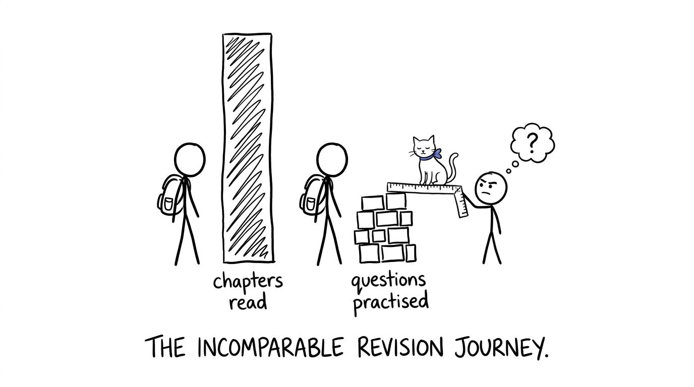 Two students try to compare completely different revision progress bars with a tiny ruler