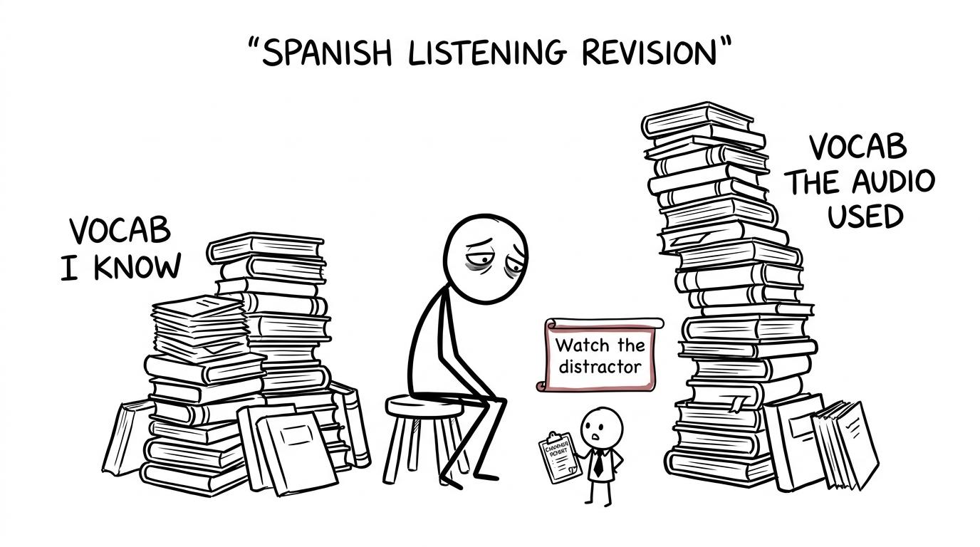 A student discovers that Spanish listening vocabulary has brought a distractor