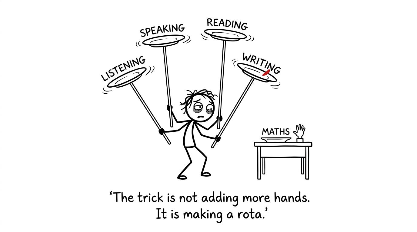 A student balances four French skills while maths waits patiently for its place in the rota