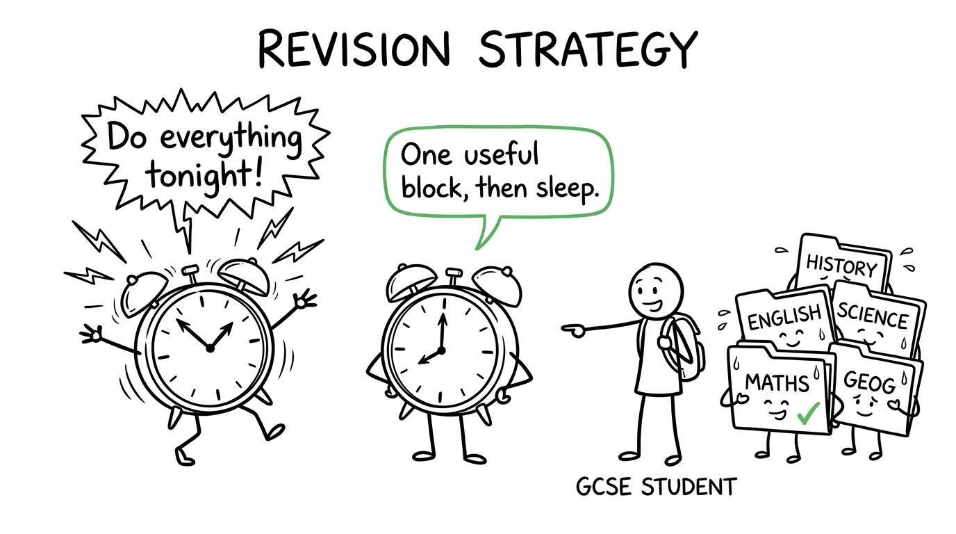 A student choosing one useful revision block and sleep over doing everything tonight