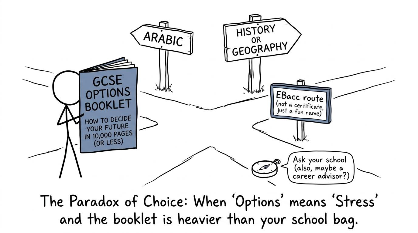 A student navigating GCSE options with signs for Arabic and the EBacc route