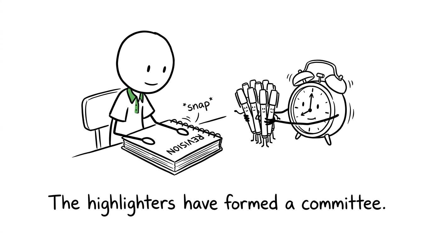 A revision alarm clock being outvoted by an overenthusiastic committee of highlighters